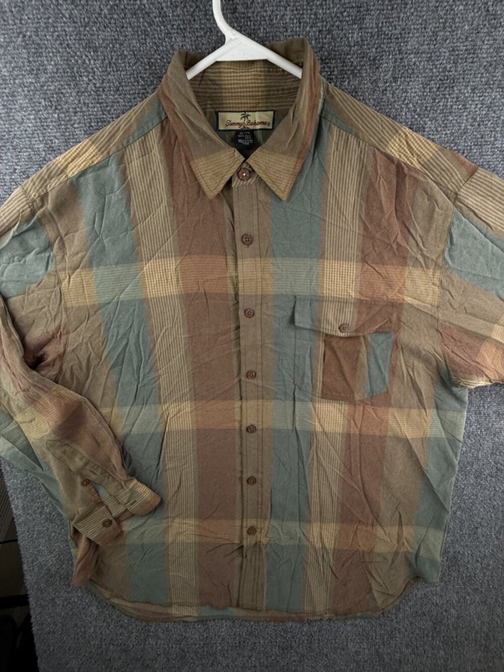 Tommy Bahama XL Silk Long Sleeve Button Up Shirt Hawaii Plaid Brown Fall Adult